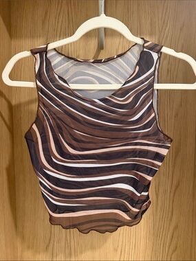 Sheer Wave-Print Sleeveless Crop Top - Brown/Pink